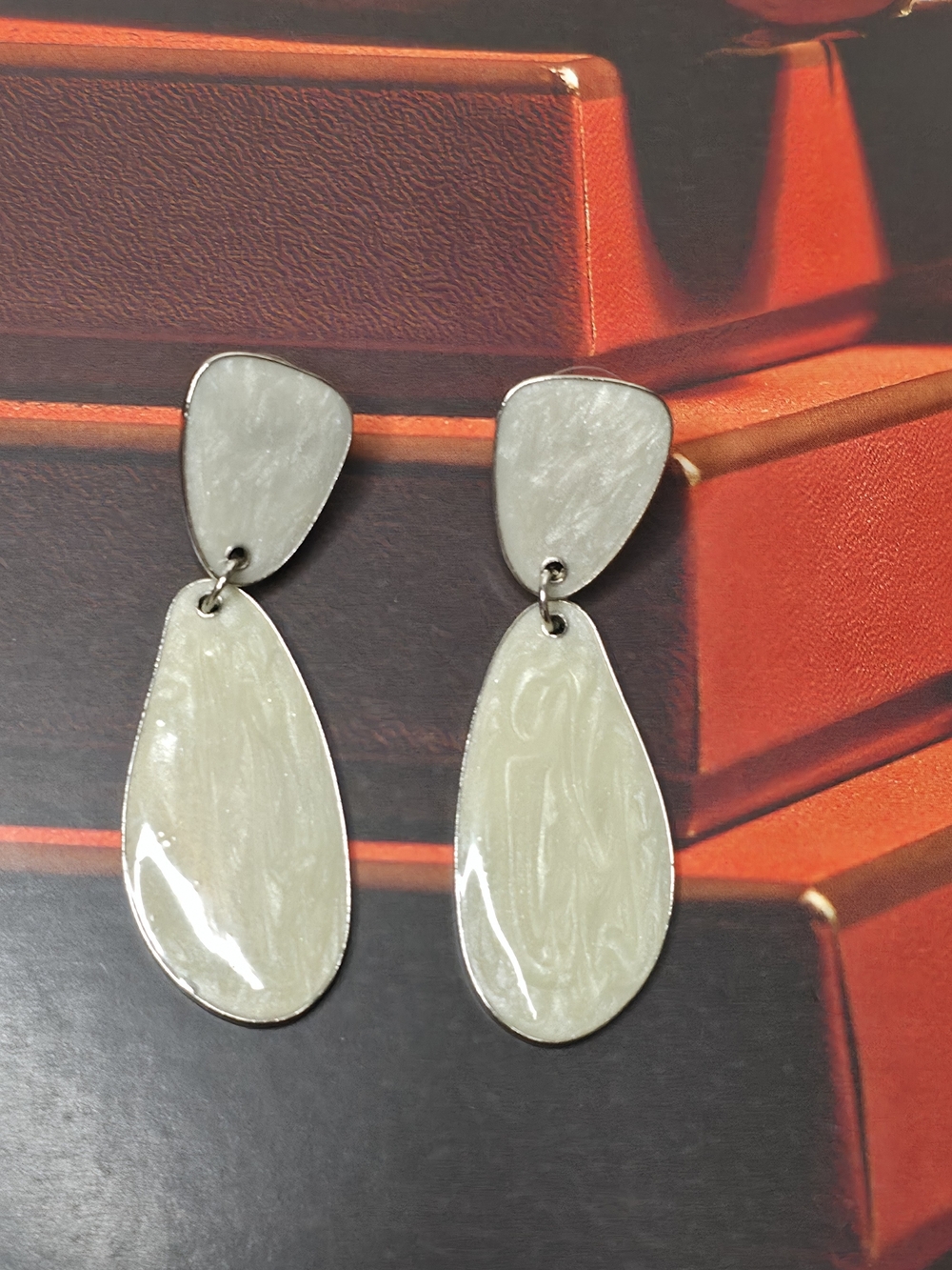 💫3x25 Source Unknown Silver Tone Faux Pearl Enamel Drop Dangle Earrings Cream